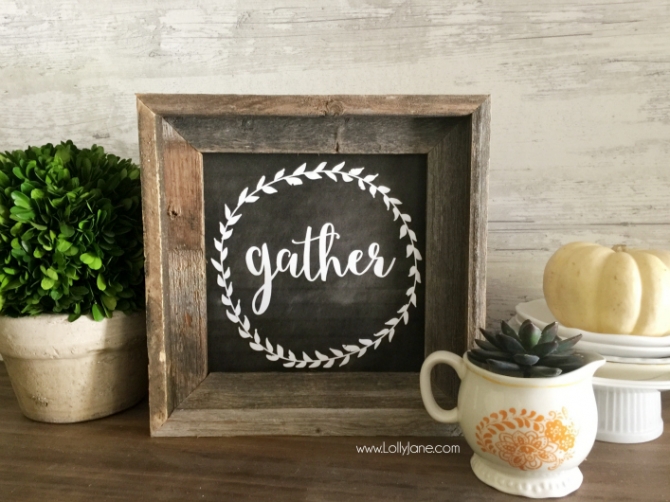 Cute decor!! Print this FREE gather print from @LollyJaneBlog, put in a rustic sign for free home decor! Cute gather free printable!!