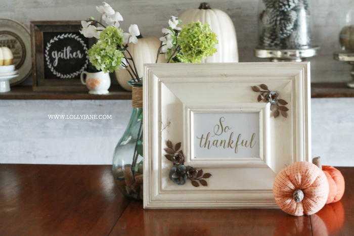 Beautiful farmhouse Thanksgiving dining room decorations. Decorate the table and shelves in layers of pumpkins and signs, fill in with greenery, books and pinecones. Cute Thanksgiving decor ideas that you can easily copy!