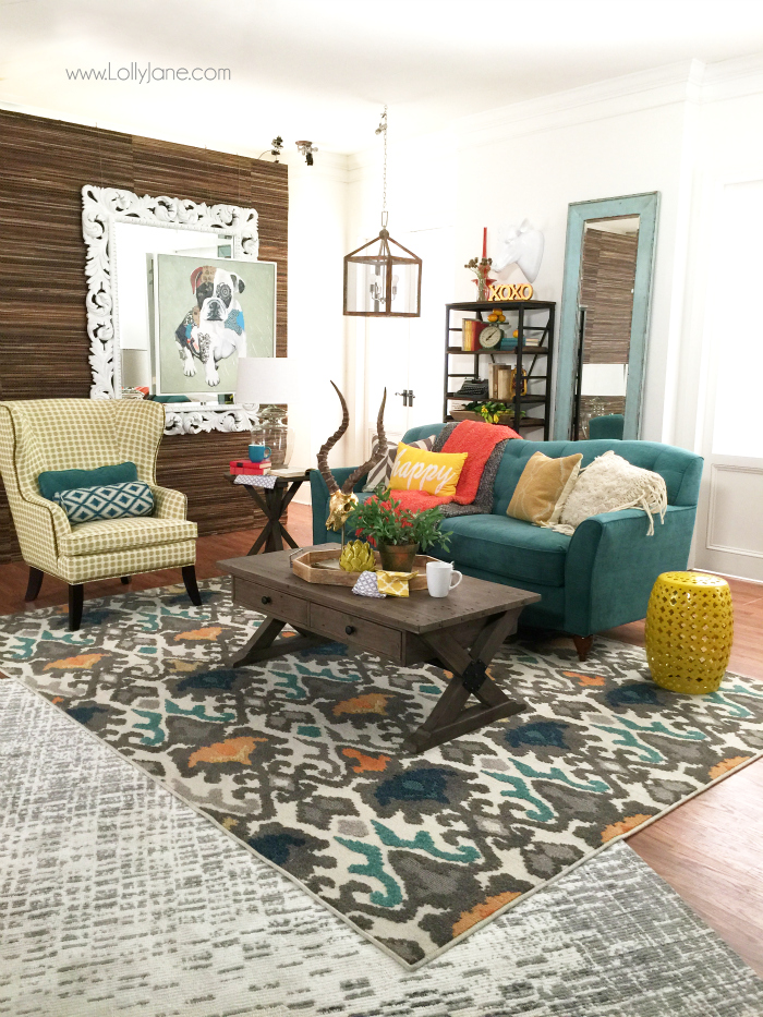 La-Z-Boy Design Dash Challenge! Such a fun time decorating this colorful room! Click through for sources and decor ideas! Love SW Alabaster White wall color too!