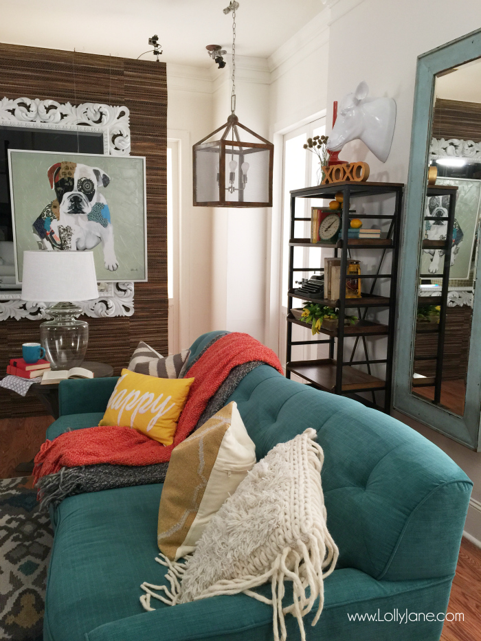 La-Z-Boy Design Dash Challenge! Such a fun time decorating this colorful room! Click through for sources and decor ideas! Love SW Alabaster White wall color too!