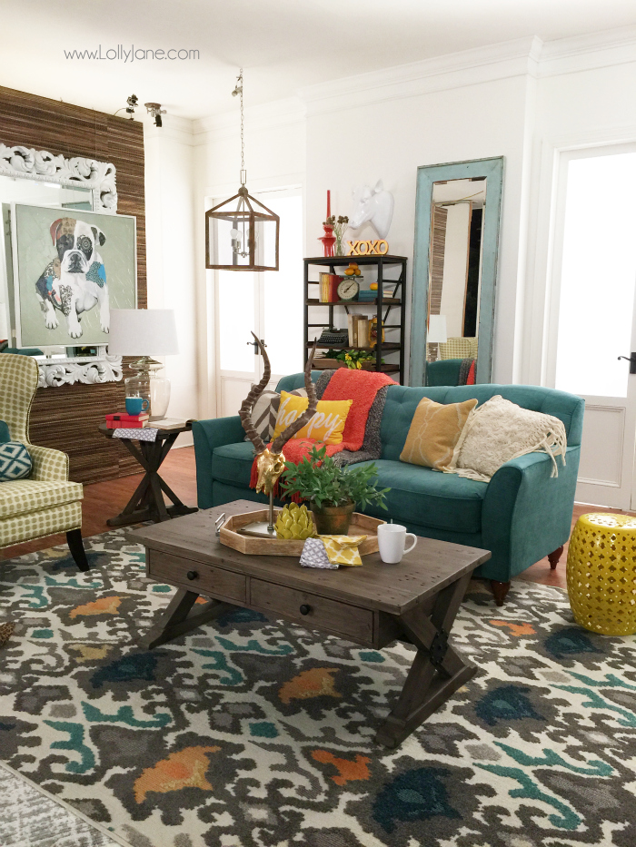 La-Z-Boy Design Dash Challenge! Such a fun time decorating this colorful room! Click through for sources and decor ideas! Love SW Alabaster White wall color too!