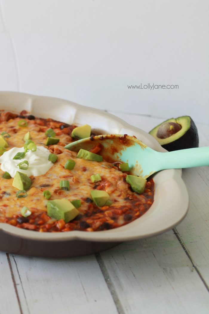 Easy Spiralized Turkey Sweet Potato Enchilada Casserole dinner recipe, so good! All the flavor of enchiladas without the carbs!