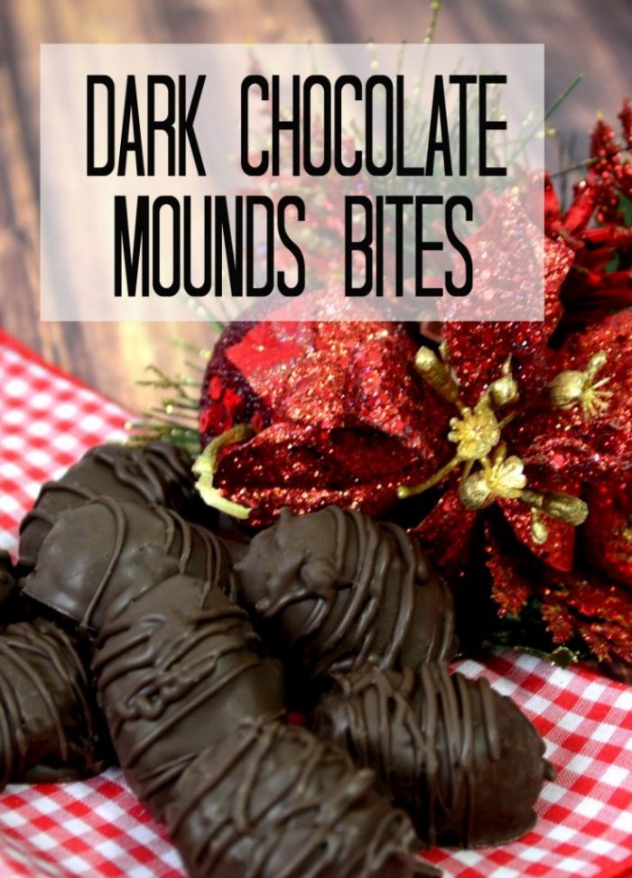 Easy to make Dark Chocolate Mounds Bites. So good! Easy dessert idea, love this easy recipe! Perfect easy Christmas dessert idea, great neighbor gift idea too! 