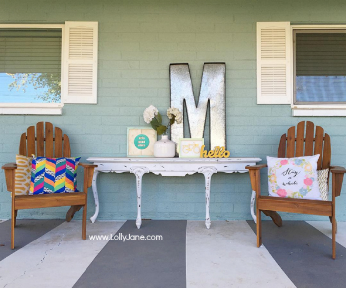 Gray and white striped painted porch tutorial. So easy to get this look! Click to copy this painted porch, so cute! Great home decor project!