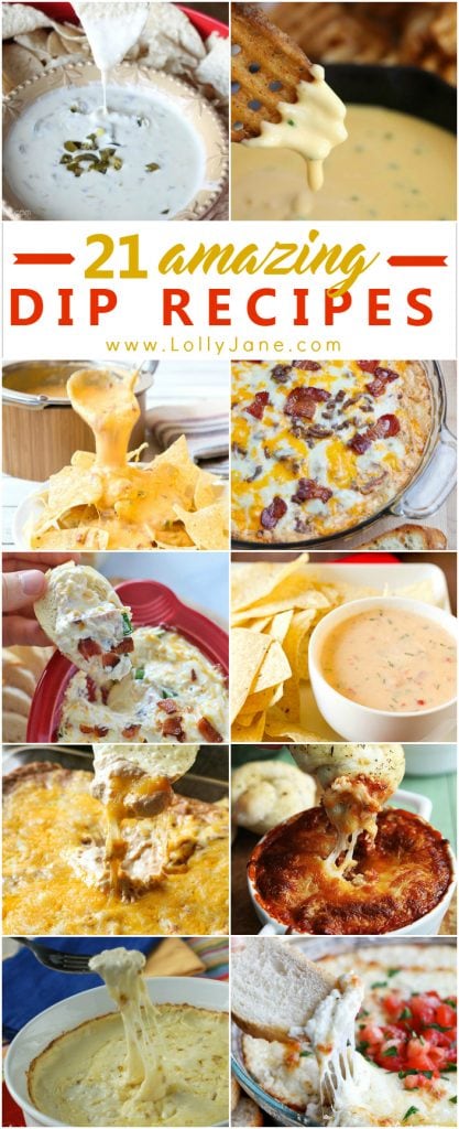 21 easy dip recipes to make for your next party! Lots of decadent dips, cheesy must try dip recipes!