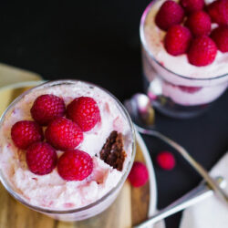 Raspberry and Cream Brownie Trifle for Two. This sweet treat is the perfect dessert for a romantic night in or an easy dessert for a chocolate lover. This easy recipe is light but filling with rich brownies and delicious raspberries. Easy Valentine's Day dessert idea!