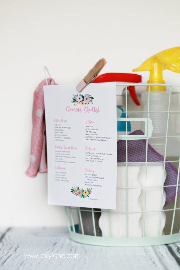 Easy spring cleaning checklist for the whole house! Easy way to break down cleaning without feeling overwhelmed. Cute spring cleaning checklist! Free printable cleaning checklist!