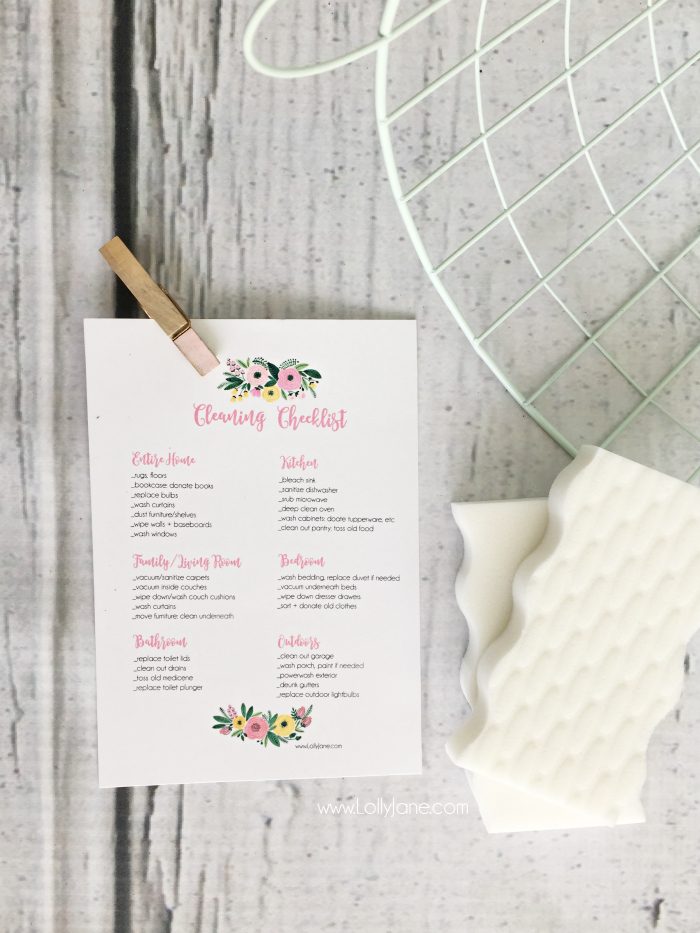 Easy spring cleaning checklist for the whole house! Easy way to break down cleaning without feeling overwhelmed. Cute spring cleaning checklist! Free printable cleaning checklist!