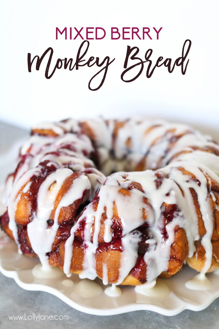 Easy Mixed Berry Monkey Bread filled cream cheese AND a cream cheese glaze. So dang good!