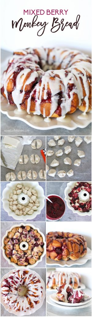 Easy Mixed Berry Monkey Bread filled cream cheese AND a cream cheese glaze. So dang good!