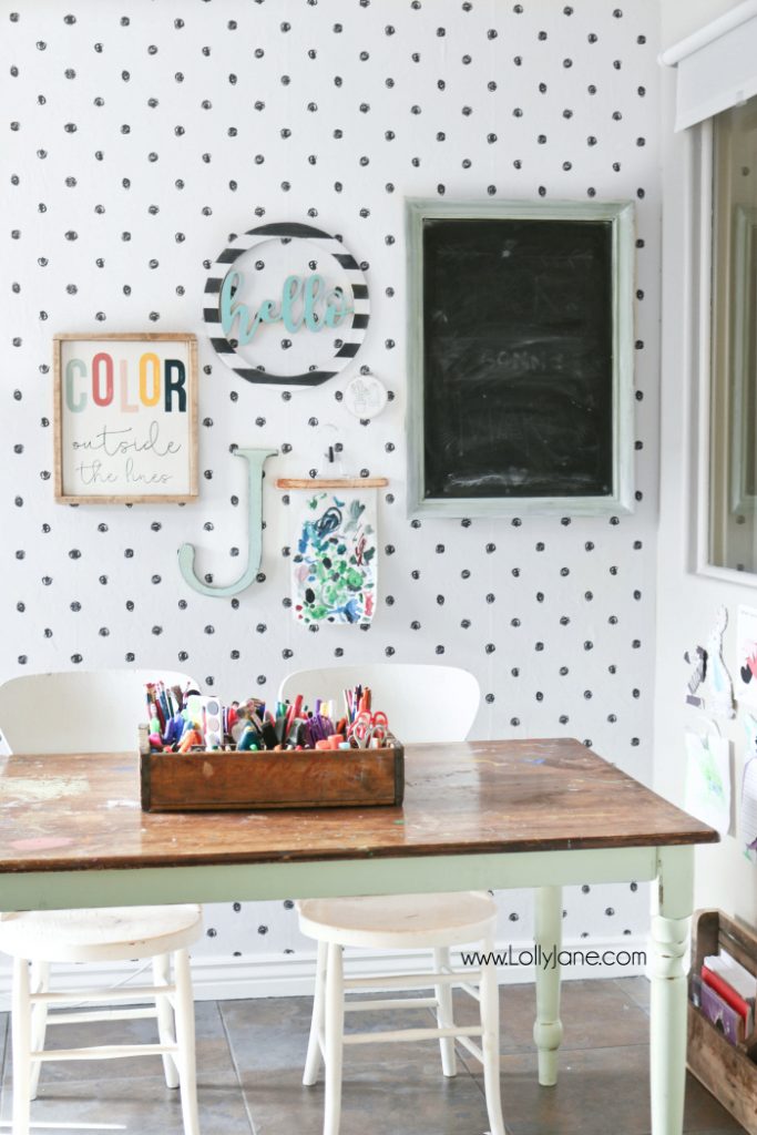 Love this colorful craft room makeover with peel and stick wallpaper ideas. Love this scribble dot wallpaper, so easy to apply! Fun craft room makeover! #wallpaper #polkadotwallpaper #peelstickwallpaper #scribbledotwallpaper #peelstickwallpapermakeover #stickonwallpaper