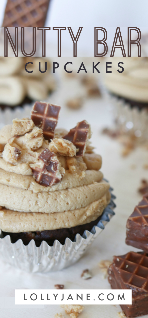Easy cupcakes made with nutty bars.... the PERFECT blend of chocolate and peanut butter with a surprise crunch. YUMMM! #nuttybar #cupcakes #easycupcakes #peanutbutterdessert #cupcakerecipe #peanutbutter 