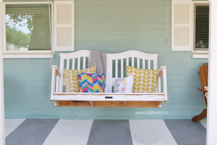 See how easy it is to upcycle a baby crib to porch swing tutorial. Don't throw away your kid's baby crib, upcycle it into a meaningful porch swing to create new memories! Great DIY porch swing crib idea!