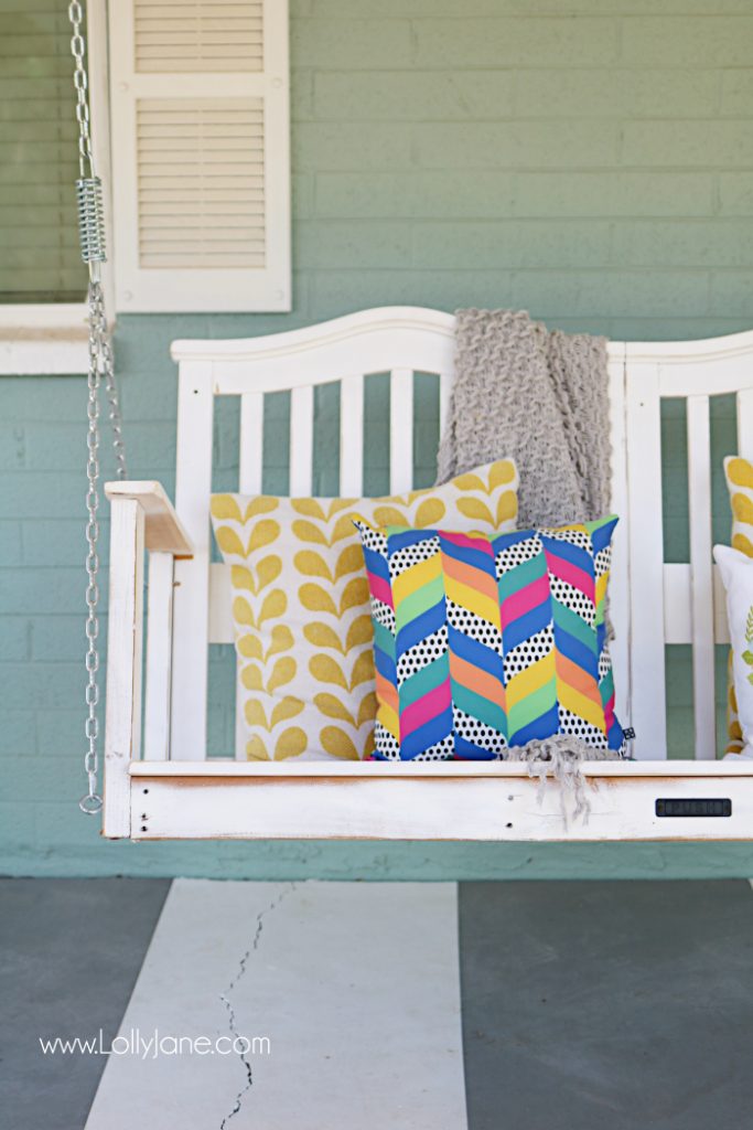 See how easy it is to upcycle a baby crib to porch swing tutorial. Don't throw away your kid's baby crib, upcycle it into a meaningful porch swing to create new memories! Great DIY porch swing crib idea! Love this baby crib porch swing makeover!