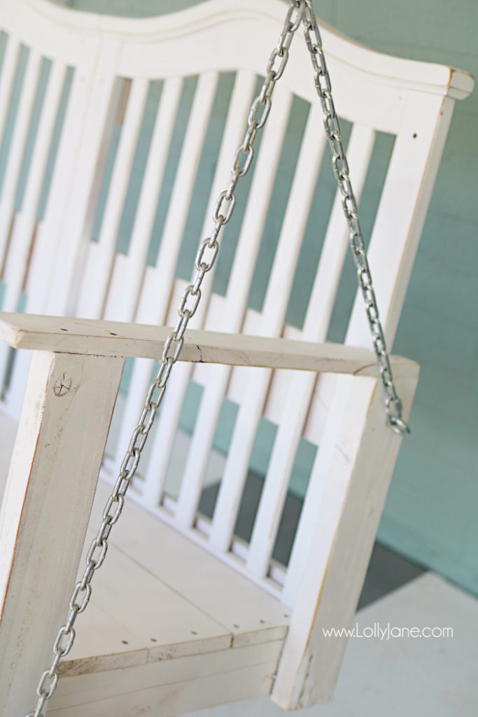 See how easy it is to upcycle a baby crib to porch swing tutorial. Don't throw away your kid's baby crib, upcycle it into a meaningful porch swing to create new memories! Great DIY porch swing crib idea! Love this baby crib porch swing makeover!
