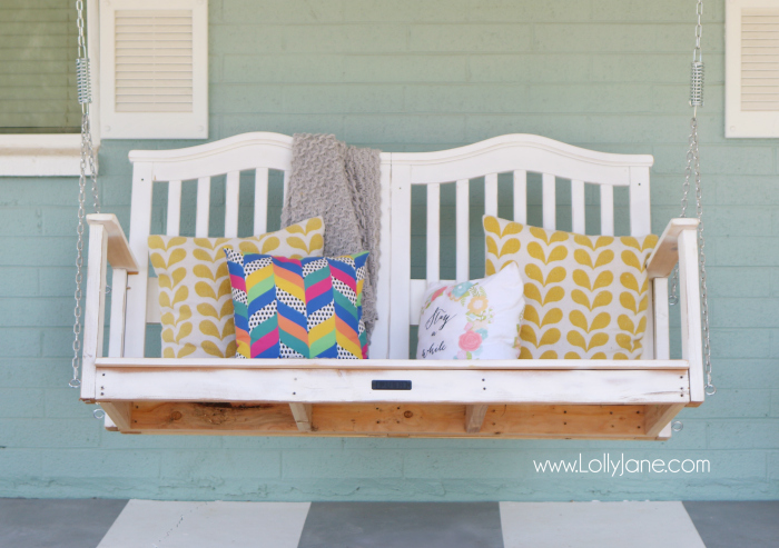 See how easy it is to upcycle a baby crib to porch swing tutorial. Don't throw away your kid's baby crib, upcycle it into a meaningful porch swing to create new memories! Great DIY porch swing crib idea!