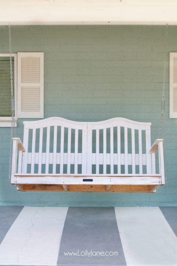 See how easy it is to upcycle a baby crib to porch swing tutorial. Don't throw away your kid's baby crib, upcycle it into a meaningful porch swing to create new memories! Great DIY porch swing crib idea! Love this baby crib porch swing makeover!