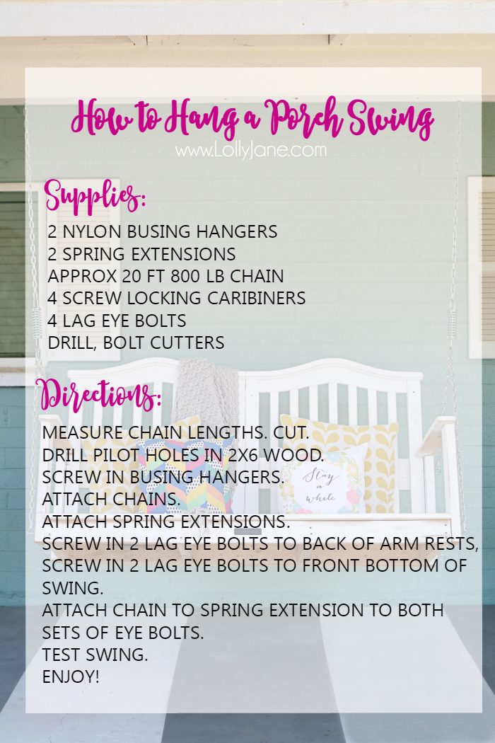 How to hang a porch swing safely! No hardware kit necessary, the must use porch swing hardware, no wasted supplies. Great tips for porch swing supplies!