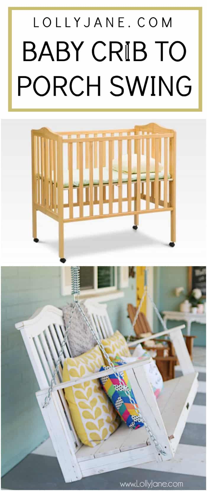 Check out this baby crib turned porch swing using scrap wood and white paint! Don't let your memories of your baby fade, turn their first bed into a lifelong swing to keep making memories! #babycribporchswing #diycribswing #porchswing #diyporchswing #cribporchswing