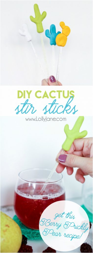 Cute DIY Cactus Drink Stirrer Stick tutorial. Grab this yummy Berry Prickly Pear recipe too! Great summer drink recipe! Love this cactus party decor!!