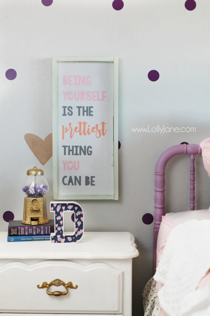 Little girls purple gold bedroom makeover. Easy ideas to pull together little girls room decor. Love this purple bedroom decor ideas. Adore this Being Yourself is the Prettiest Thing You Can Be wood sign! Cute girls room sign idea!