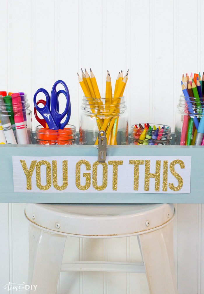 DIY Wood Caddy tutorial. Step by step to make this easy homework caddy, great way to coral your kids school supplies! Love this easy wood caddy tutorial!