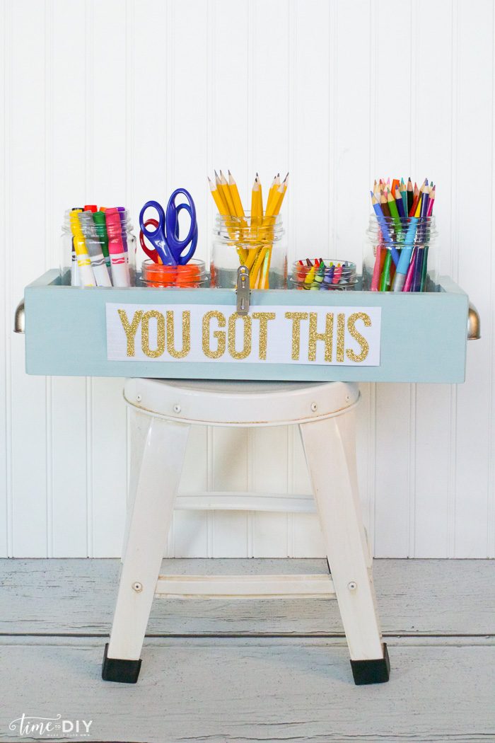 DIY Wood Caddy tutorial. Step by step to make this easy homework caddy, great way to coral your kids school supplies! Love this easy wood caddy tutorial!