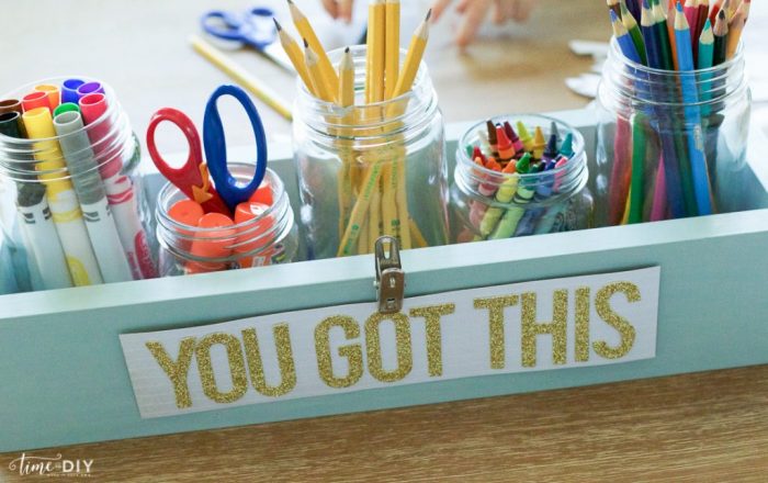 DIY Wood Caddy tutorial. Step by step to make this easy homework caddy, great way to coral your kids school supplies! Love this easy wood caddy tutorial!