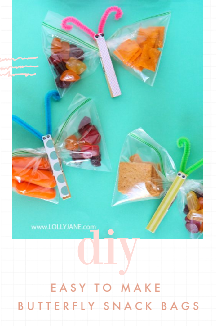 Such an easy way to make kids butterfly snack bags! Easy to make, fun to eat! #kidssnacks #healthykidssnacks #kidssnackideas #lunchideasforkids #howtomakebutterflysnackbags