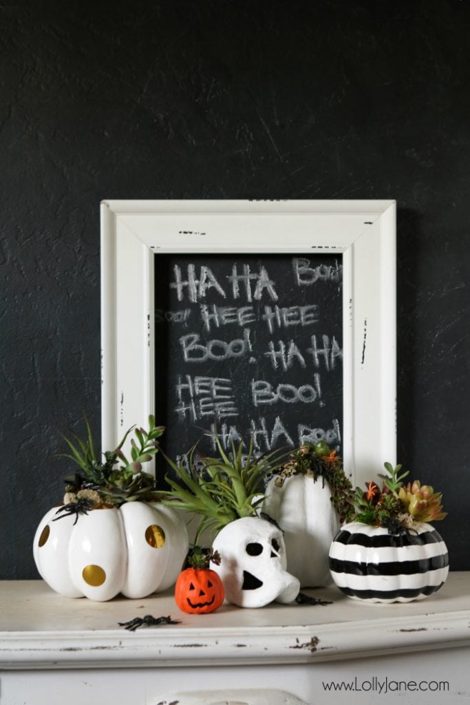 DIY Halloween Pumpkin Succulent Planters. FAUX pumpkins + succulents, low maintenance and hassle free on your mantel or porch! CUTE!!!