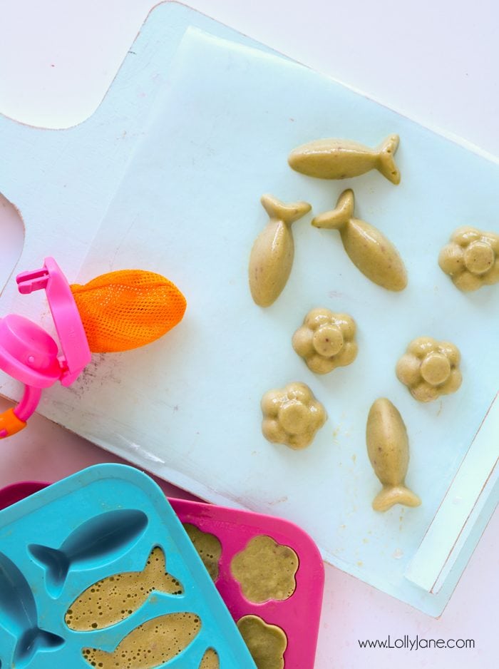 Make your own batch of frozen smoothie baby bites. Packed with veggies + fruits plus a few scoops of formula for added nutrition! Just blend & freeze then pop into a fresh food feeder and let baby go to town... also great for sore teething gums!