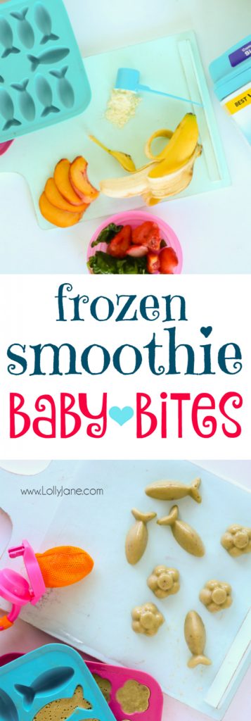 Make your own batch of frozen smoothie baby bites. Packed with veggies + fruits plus a few scoops of formula for added nutrition! Just blend & freeze then pop into a fresh food feeder and let baby go to town... also great for sore teething gums!