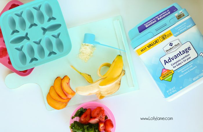 Make your own batch of frozen smoothie baby bites. Packed with veggies + fruits plus a few scoops of formula for added nutrition! Just blend & freeze then pop into a fresh food feeder and let baby go to town... also great for sore teething gums!