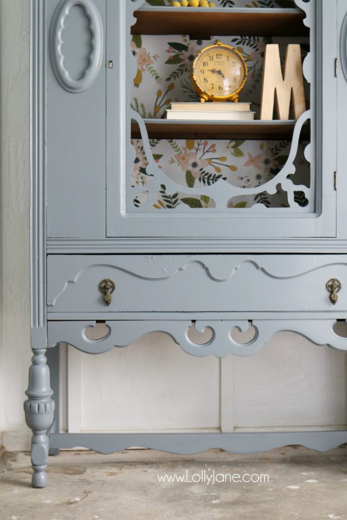 Gorgeous grey hutch with floral paper makeover. Such a dramatic before after furniture makeover. Love this grey hutch with pretty floral paper!