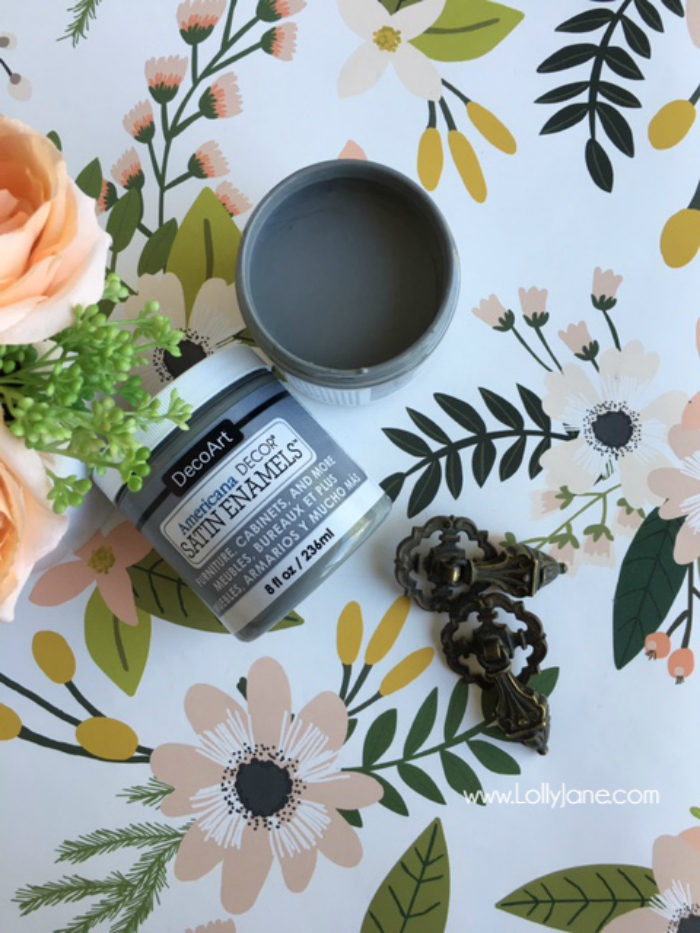 Gorgeous grey hutch with floral paper makeover. Such a dramatic before after furniture makeover. Love this grey hutch with pretty floral paper!