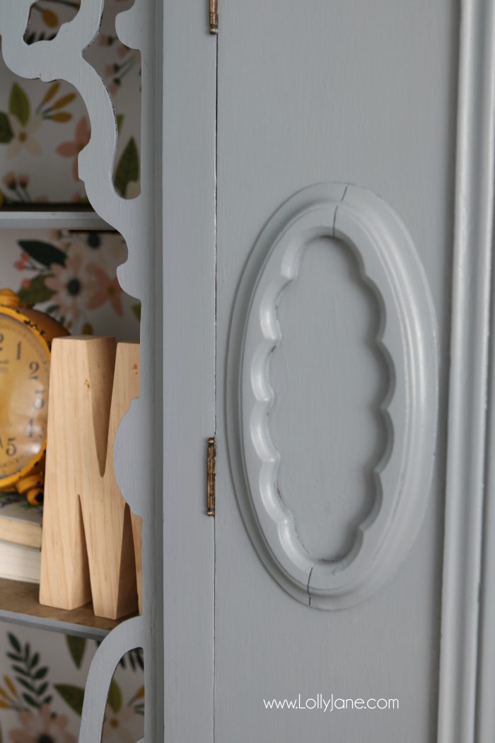 Gorgeous gray hutch with floral paper makeover. Such a dramatic before after furniture makeover. Love this gray hutch with pretty floral paper!