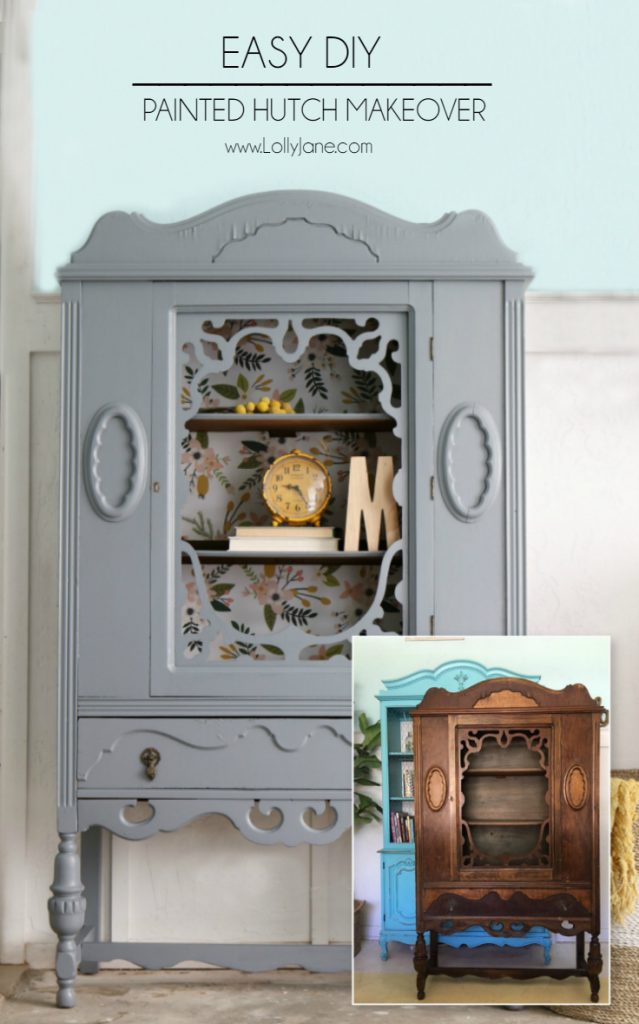 Gorgeous gray hutch with floral paper makeover. Such a dramatic before after furniture makeover. Love this gray hutch with pretty floral paper!