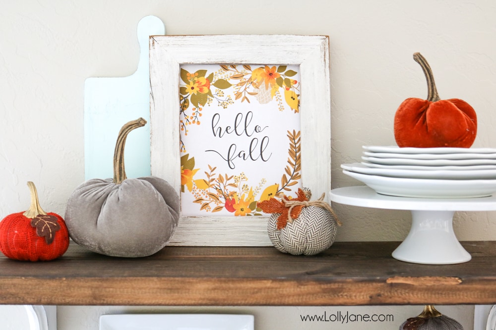 Gorgeous 3-pack of printable fall art! Choose from "Hello Fall", "Gather" or "Thankful, Grateful and Blessed"