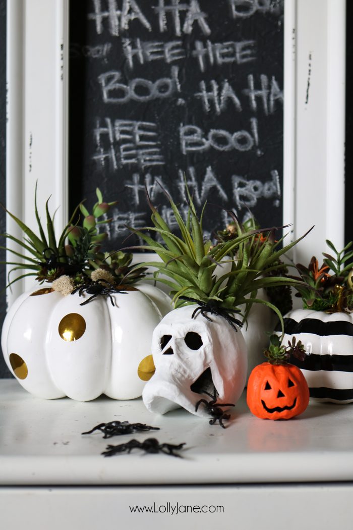 DIY Halloween Pumpkin Succulent Planters. These FAUX pumpkins + succulents are low maintenance and hassle free on your festive mantel or porch! CUTE!!!