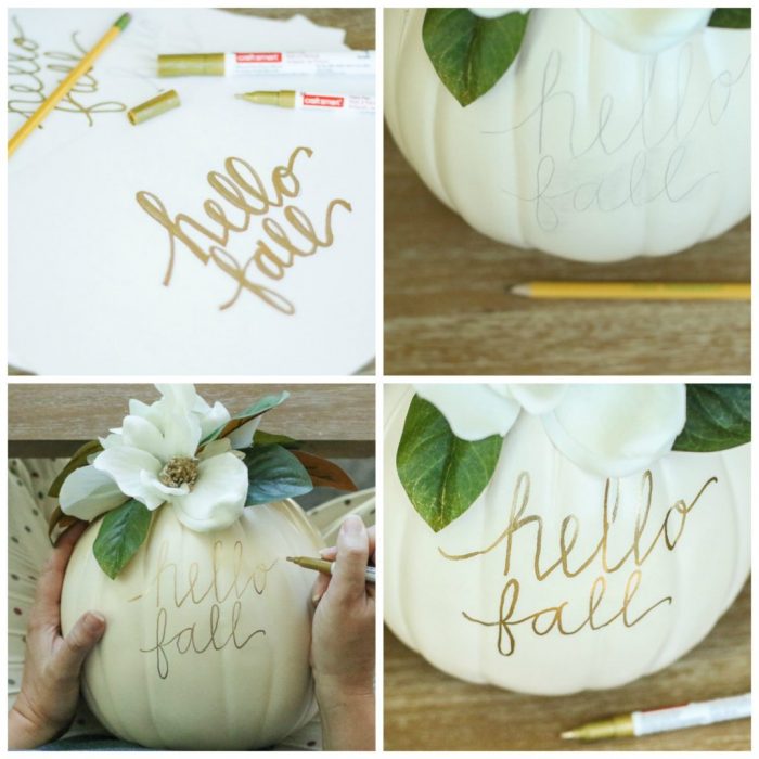 DIY Faux Magnolia Pumpkin | Such a cute fall pumpkin home decor craft! Love this hello fall pumpkin decor! Cute fall decor!