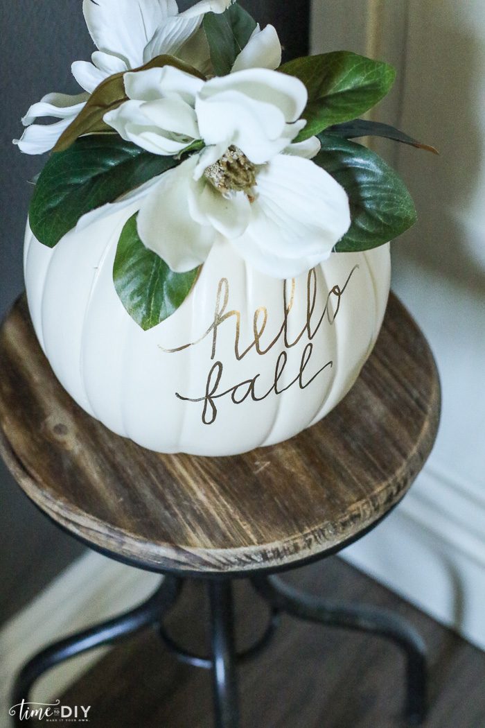 DIY Faux Magnolia Pumpkin | Such a cute fall pumpkin home decor craft! Love this hello fall pumpkin decor! Cute fall decor!DIY Faux Magnolia Pumpkin | Such a cute fall pumpkin home decor craft! Love this hello fall pumpkin decor! Cute fall decor!