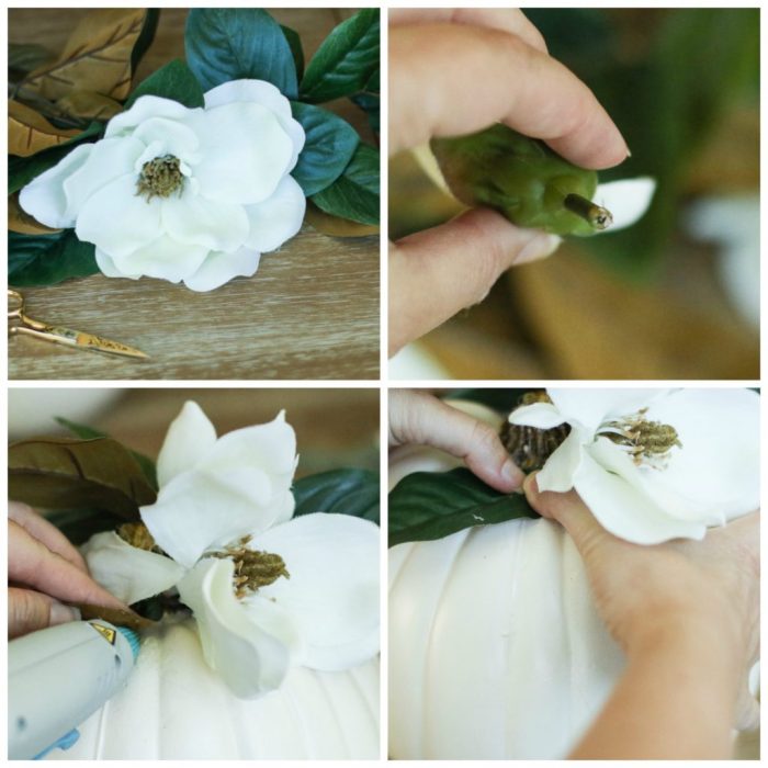 DIY Faux Magnolia Pumpkin | Such a cute fall pumpkin home decor craft! Love this hello fall pumpkin decor! Cute fall decor!