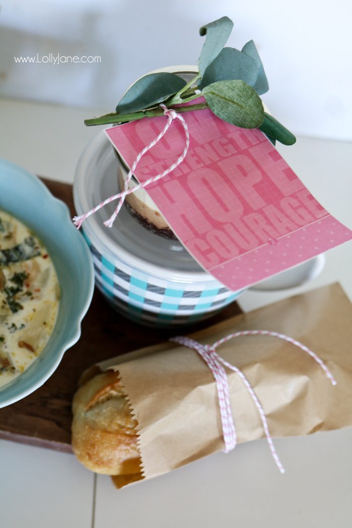 Easy Chicken Sausage Potato Soup paired with a mason jar dessert and bread, topped with a pink Breast Cancer encouragement tag... great dinner kit idea for a breast cancer fighter! #fightback better #teampink