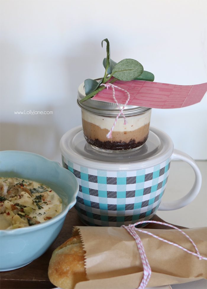 Easy Chicken Sausage Potato Soup paired with a mason jar dessert and bread, topped with a pink Breast Cancer encouragement tag... great dinner kit idea for a breast cancer fighter! #fightback better #teampink