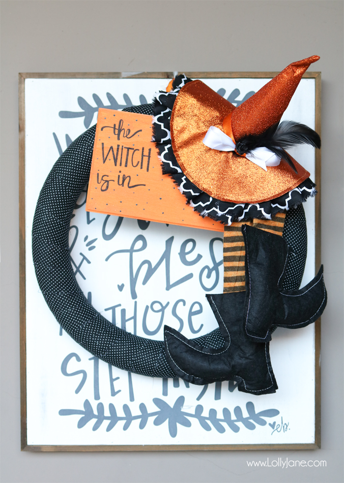 Super cute and EASY fabric wrapped Halloween witch wreath. Love the handmade sign "The Witch is In!"