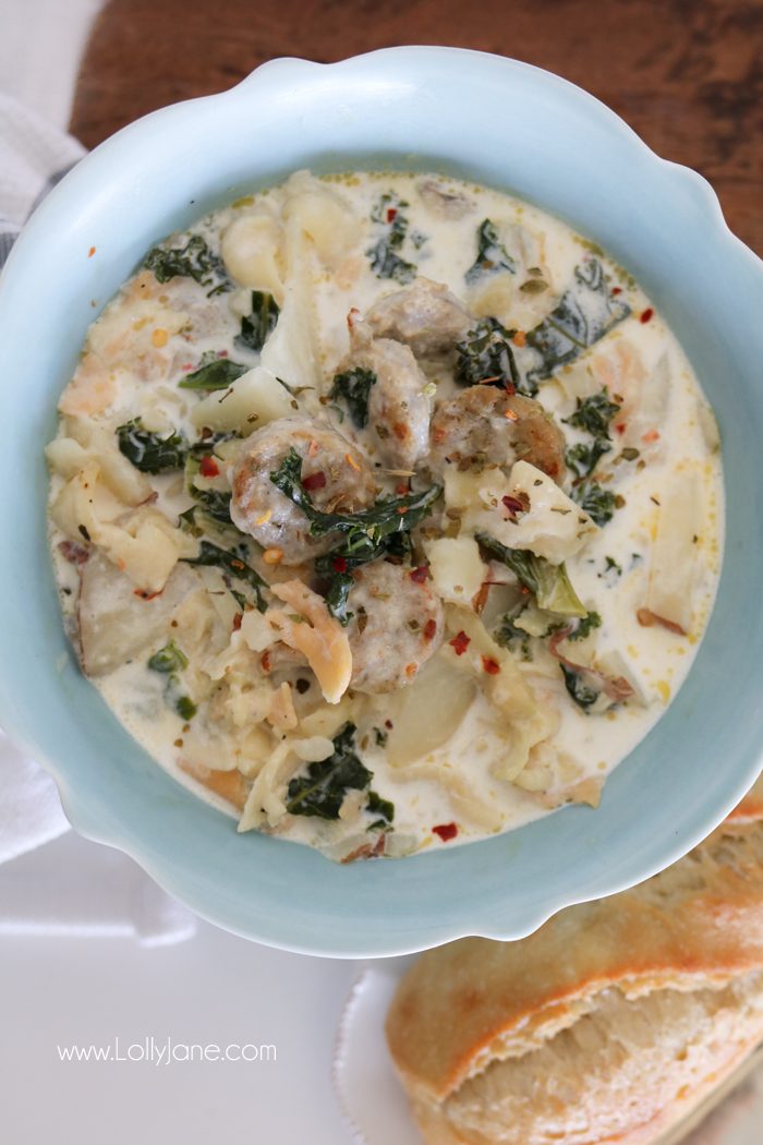 Easy Chicken Sausage Potato Soup, perfect for fall or chilly nights. Thick and creamy, awesome crowd pleaser!