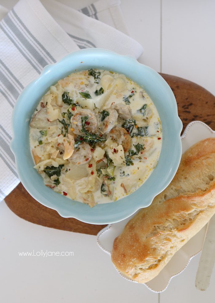 Easy Chicken Sausage Potato Soup, perfect for fall or chilly nights. Thick and creamy, awesome crowd pleaser!