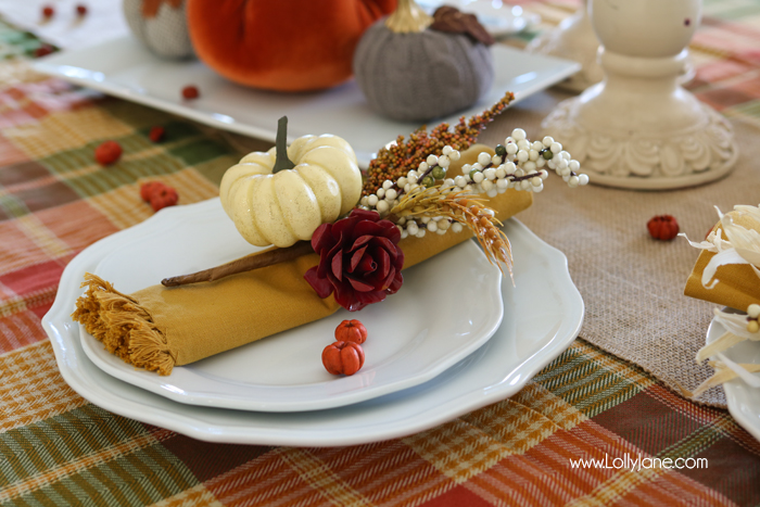 Easy Fall Tablescape! Check out these quick tips on how to make the perfect place settings for holiday entertaining!