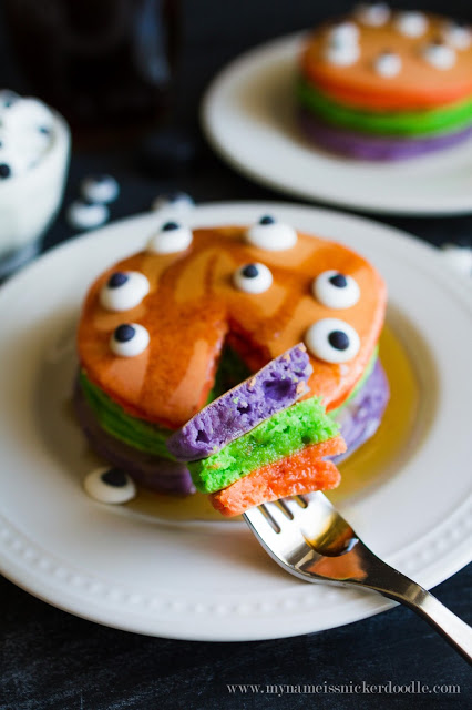 Halloween theme Trick or Treat pancakes. Such a fun kids Halloween breakfast!