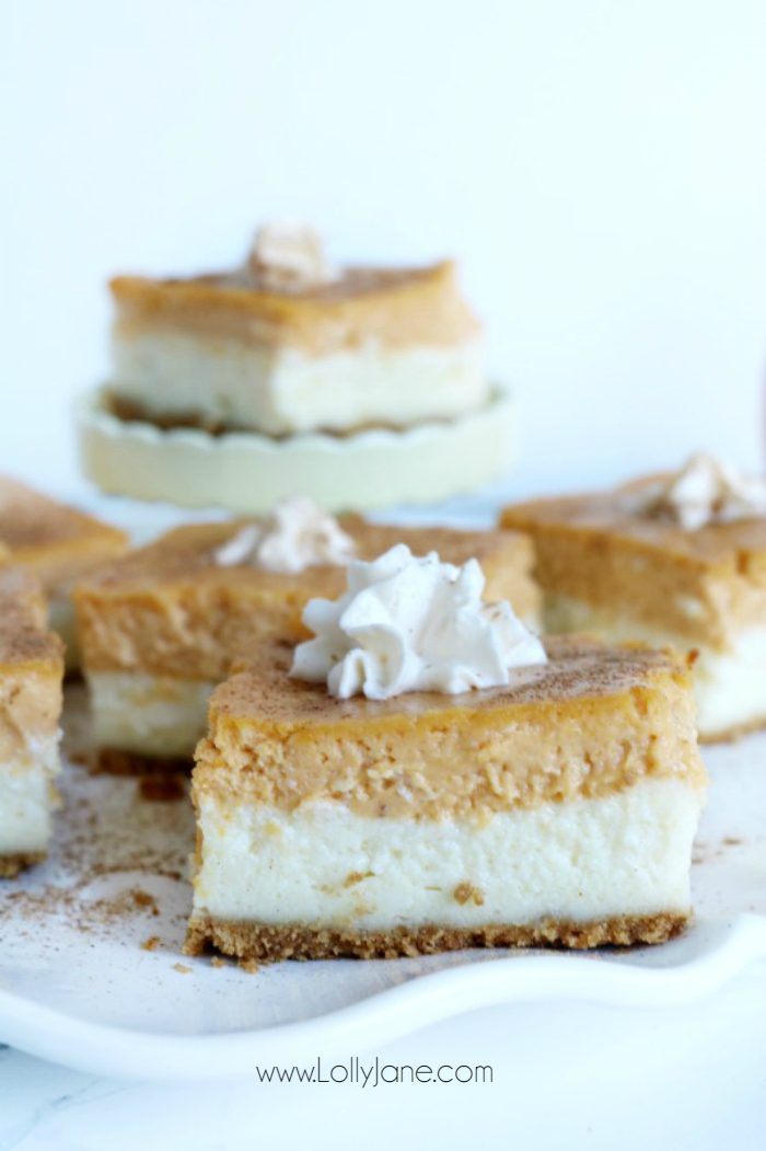 Pumpkin Cheesecake Bars recipe. These pumpkin spice cheesecake bars are so yummy! Full of pumpkin pie spice flavor. Easy fall recipe dessert. Love this baked cheesecake recipe, yum!